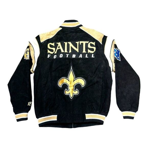 New Orleans Saints NFL Varsity Jacket Medium Black Gold Suede VTG Full Zip SEE - Picture 6 of 12